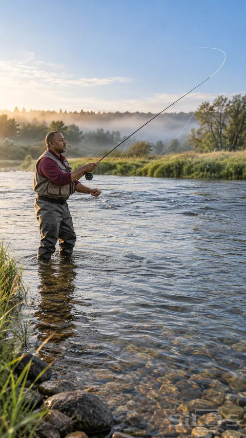An angler casts a fly line while standing in a shallow river beside an open meadow.