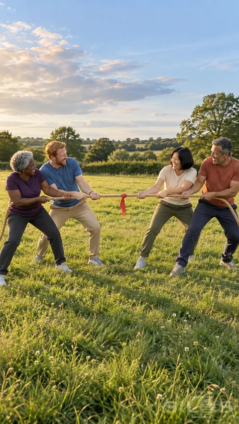 Four adults play a friendly tug-of-war across a broad grassy meadow in late-afternoon light.