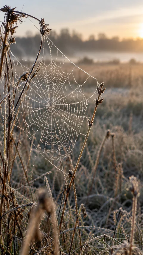 A fine frost-covered orb web hangs between meadow grasses above a softly misted field at dawn.