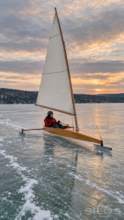 A seated adult pilots a small wooden ice yacht across a frozen lake beneath a soft winter sunset.