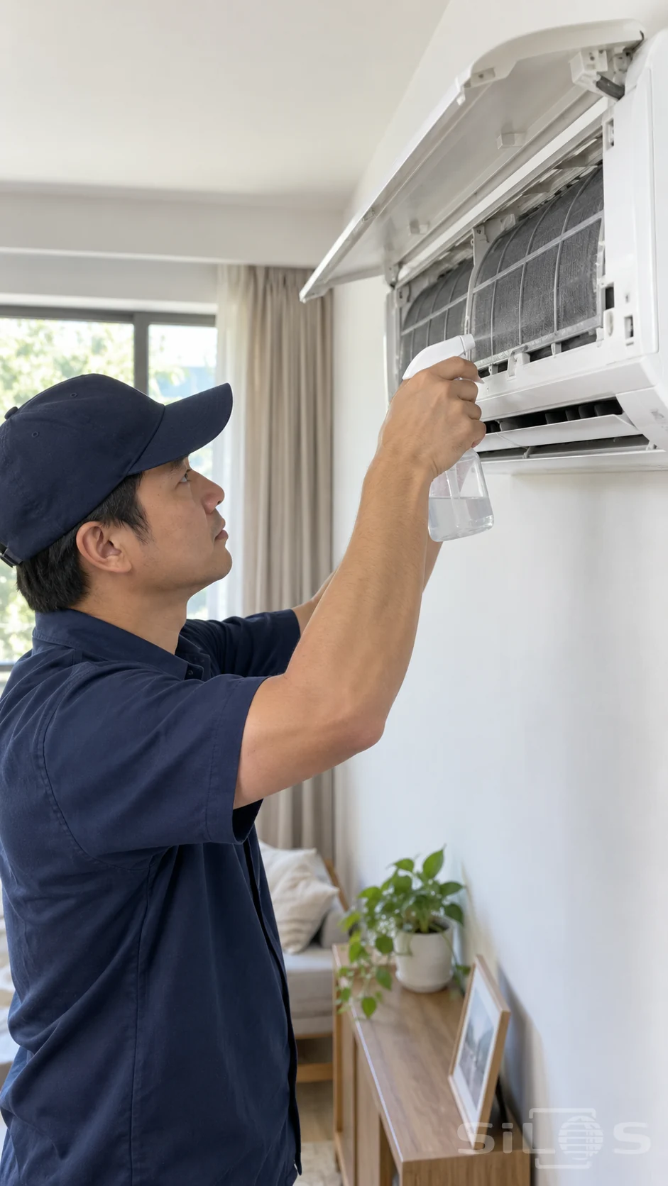 A man sprays an open wall-mounted air conditioner in a bright room.