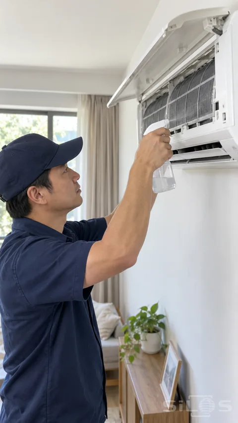 A man sprays an open wall-mounted air conditioner in a bright room.