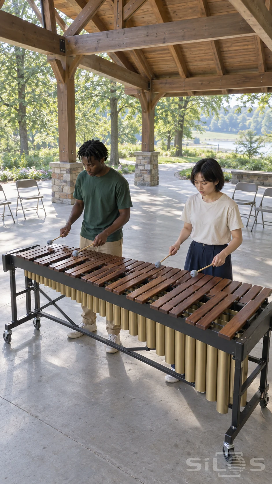 Two young adults play a wooden marimba under a timber pavilion, with four padded mallets above the bars and long metal resonators below.