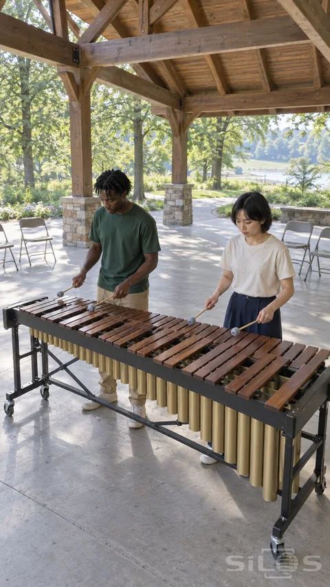 Two young adults play a wooden marimba under a timber pavilion, with four padded mallets above the bars and long metal resonators below.
