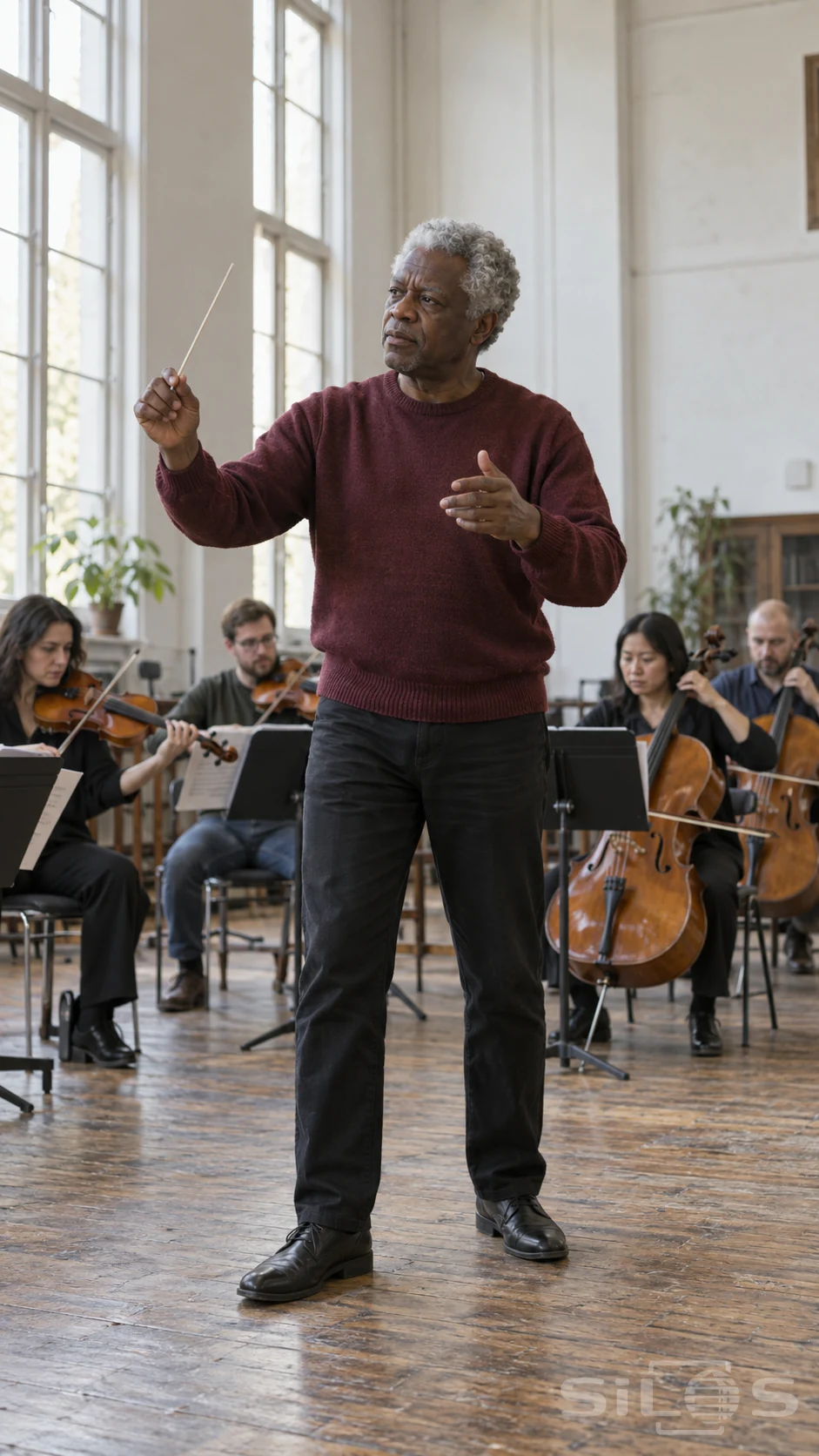 An older conductor leads a small string ensemble in a tall daylight rehearsal room.