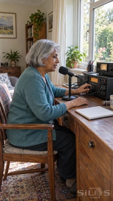 An older woman tunes an amateur radio beside a desk microphone in a bright home room.