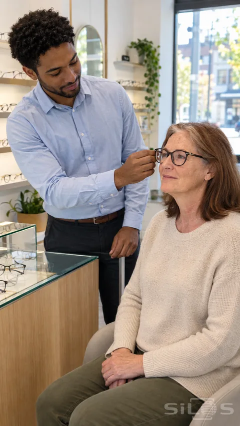 An optician checks the fit of a customer’s spectacles in a bright eyewear shop.