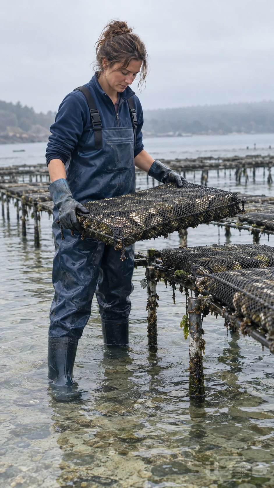 An oyster grower in blue waders supports a filled mesh bag above low racks in a shallow tidal bay.