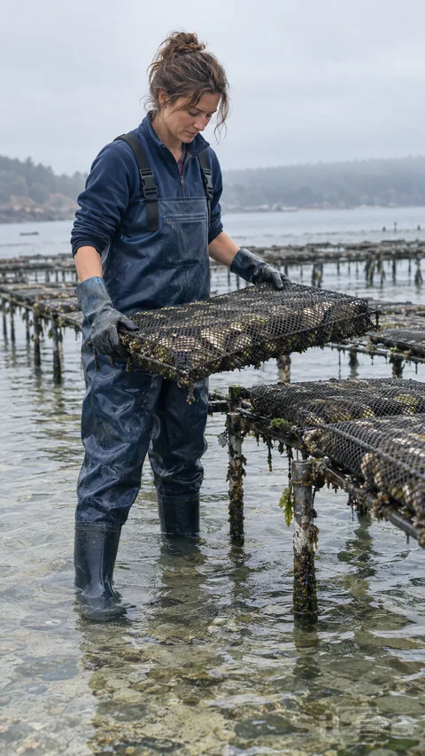 An oyster grower in blue waders supports a filled mesh bag above low racks in a shallow tidal bay.
