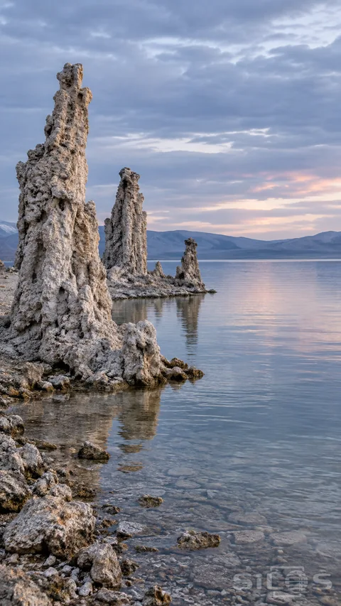 Pale tufa formations rise beside a broad still lake beneath cool morning clouds.