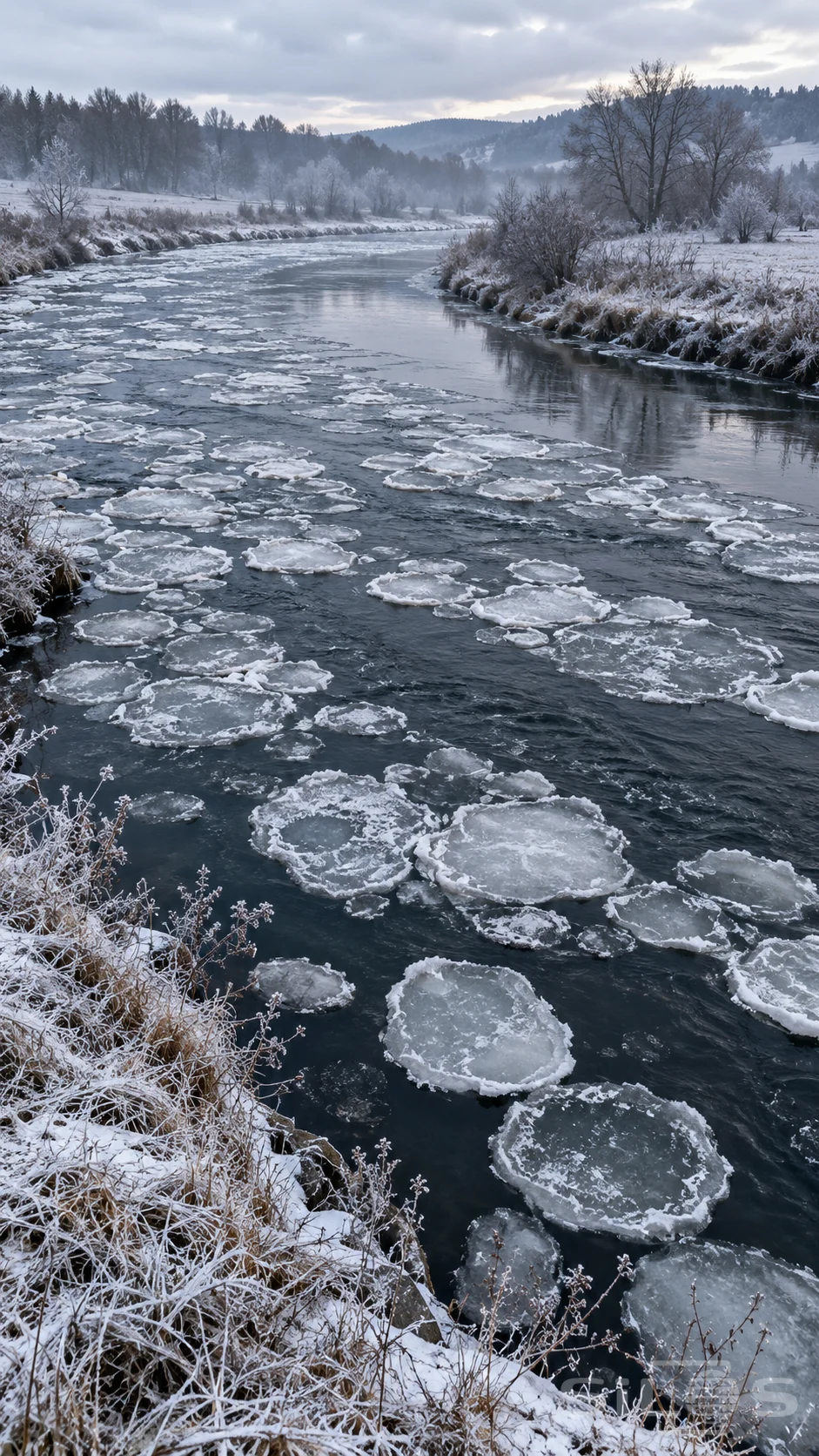 Rounded ice floes drift along a winding winter river between quiet frost-covered banks.