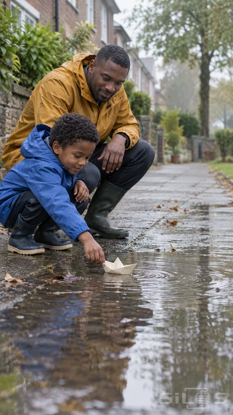 An adult and a child launch a folded paper boat into a rain puddle on a neighborhood path.