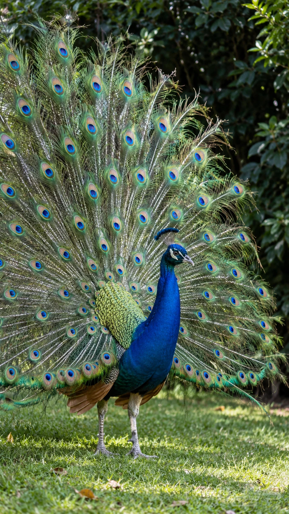 A blue peacock spreads its green eyespot train across a quiet garden.