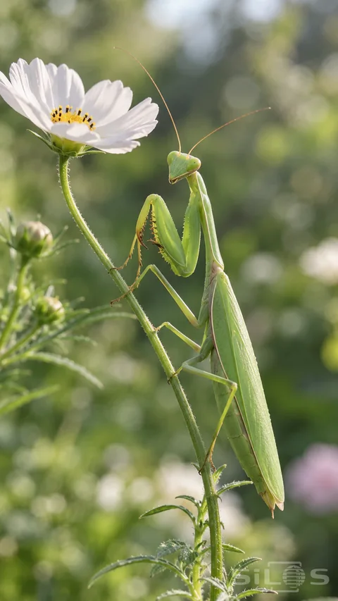 A green praying mantis clings to a slender flowering stem in soft garden light.