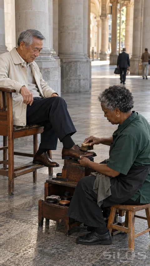 A shoeshine worker brushes an adult’s supported leather shoe beneath a tall sunlit station arcade.