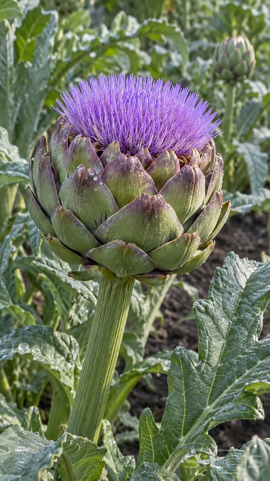 A flowering artichoke opens above its layered green bracts in a dew-touched garden row.