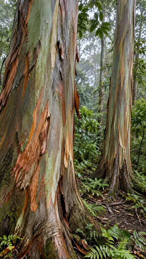 Two trees with naturally peeling bark stand among wet ferns in a quiet forest.