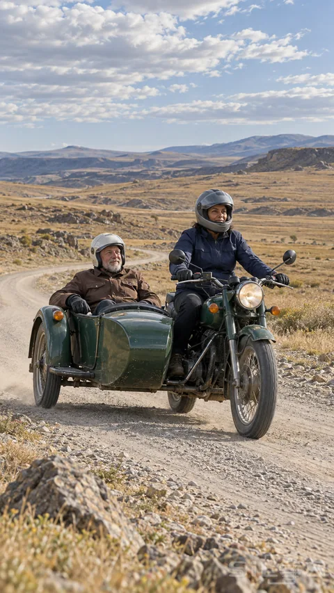 Two adults ride a motorcycle with a connected sidecar along a dry road across an open plateau.