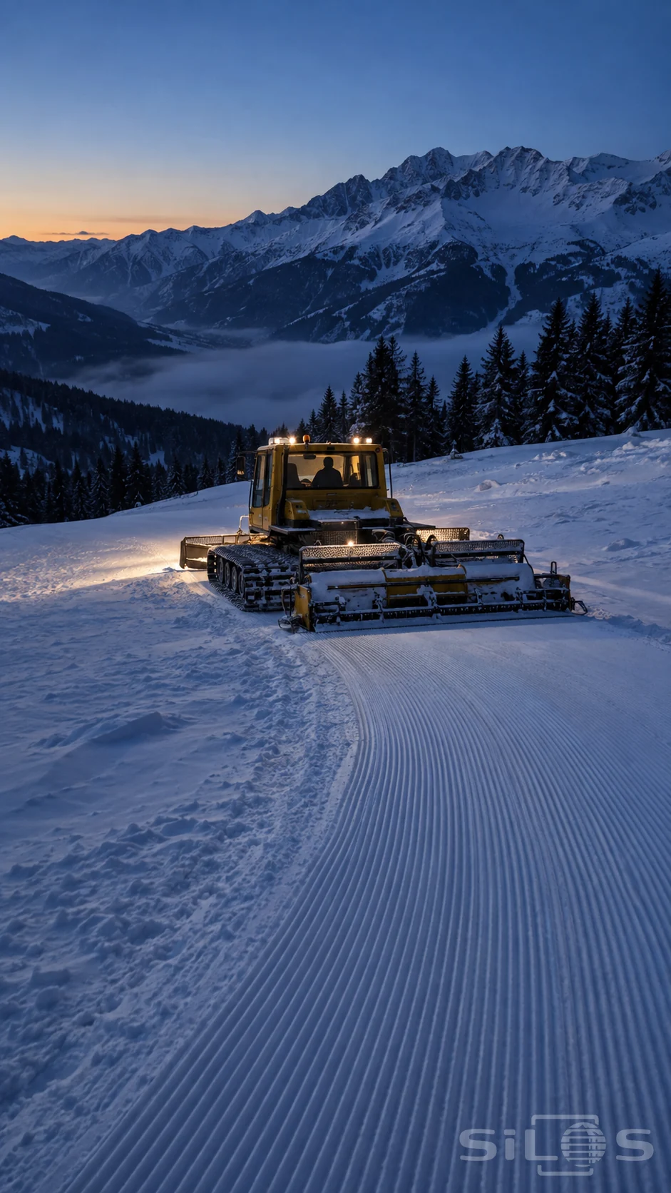 A snow groomer leaves a fresh ribbed trail across an open mountain slope at blue hour.