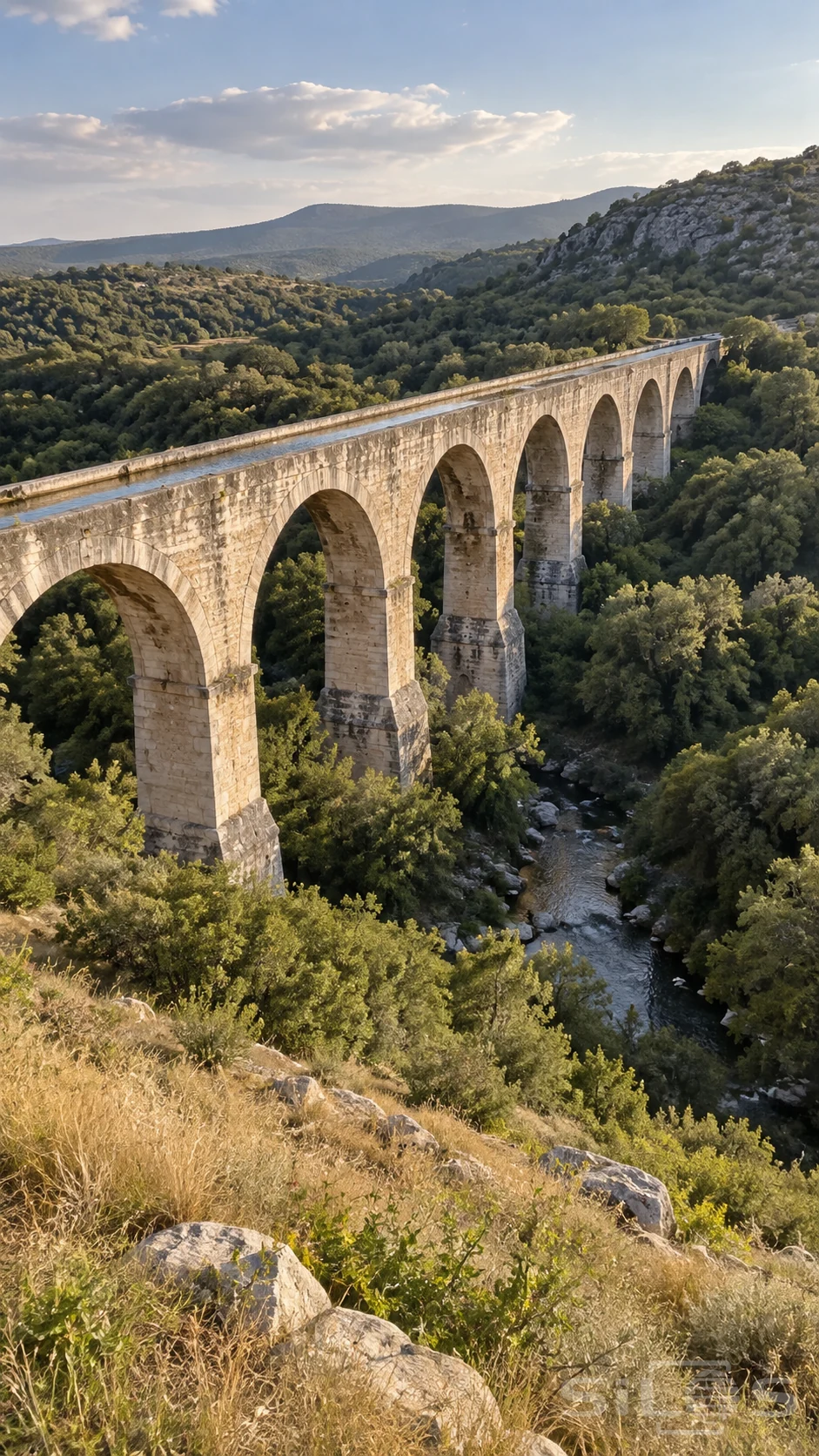 A single-tier stone aqueduct recedes across a wooded valley above a narrow rocky stream in afternoon light.