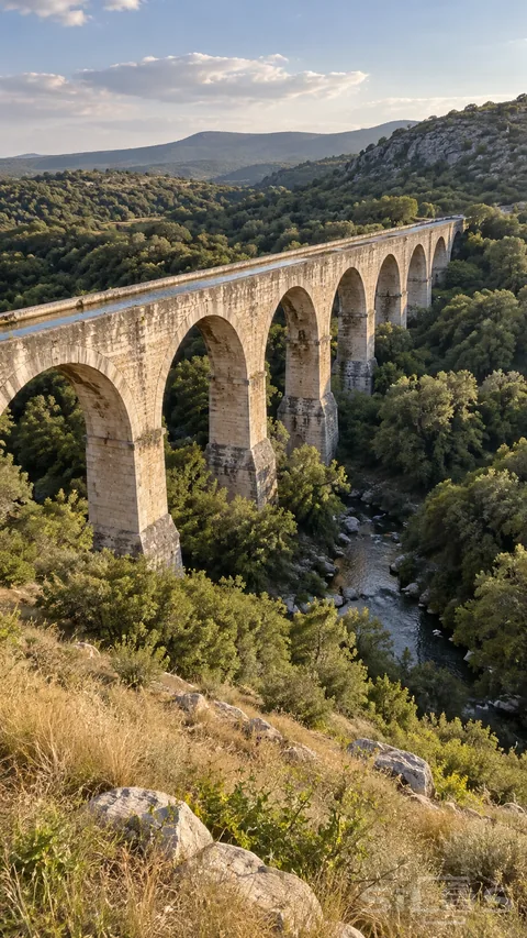A single-tier stone aqueduct recedes across a wooded valley above a narrow rocky stream in afternoon light.
