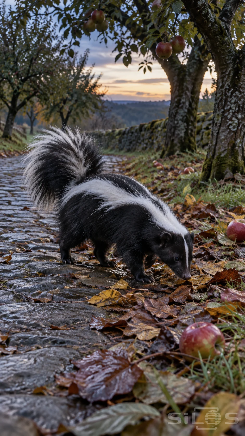A striped skunk sniffs fallen leaves beside a damp orchard path at dusk.
