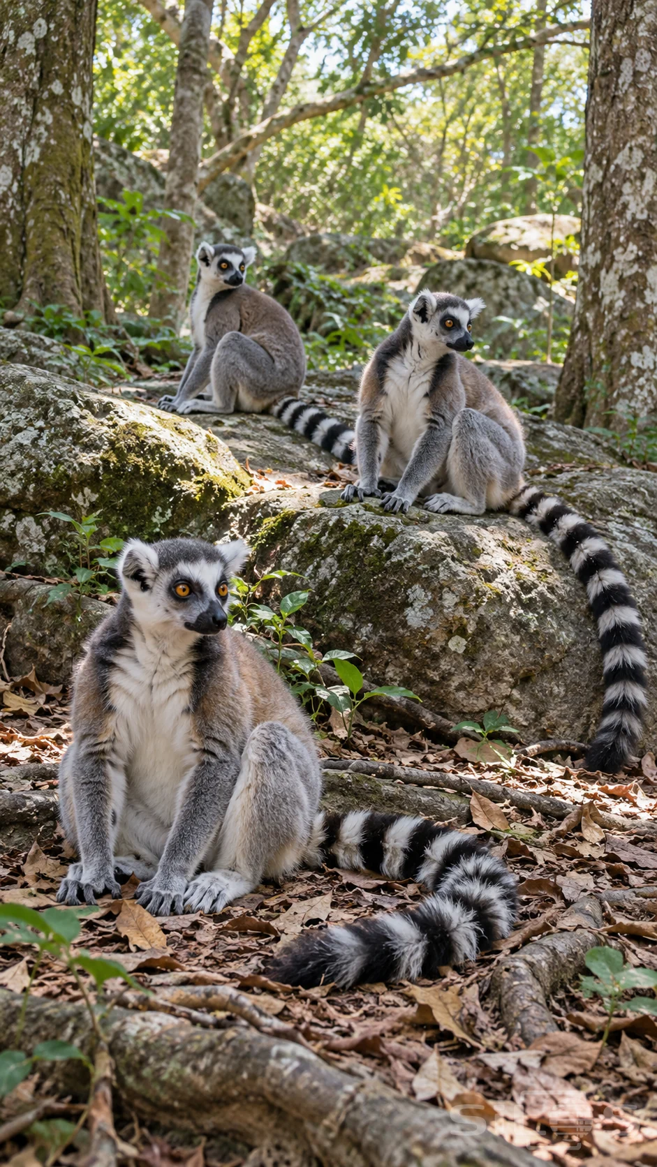 Three ring-tailed lemurs sit at different depths among rocks, roots and leaf litter in a woodland clearing.