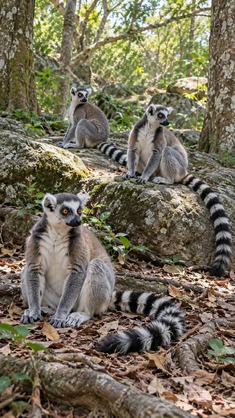 Three ring-tailed lemurs sit at different depths among rocks; roots and leaf litter in a woodland clearing.