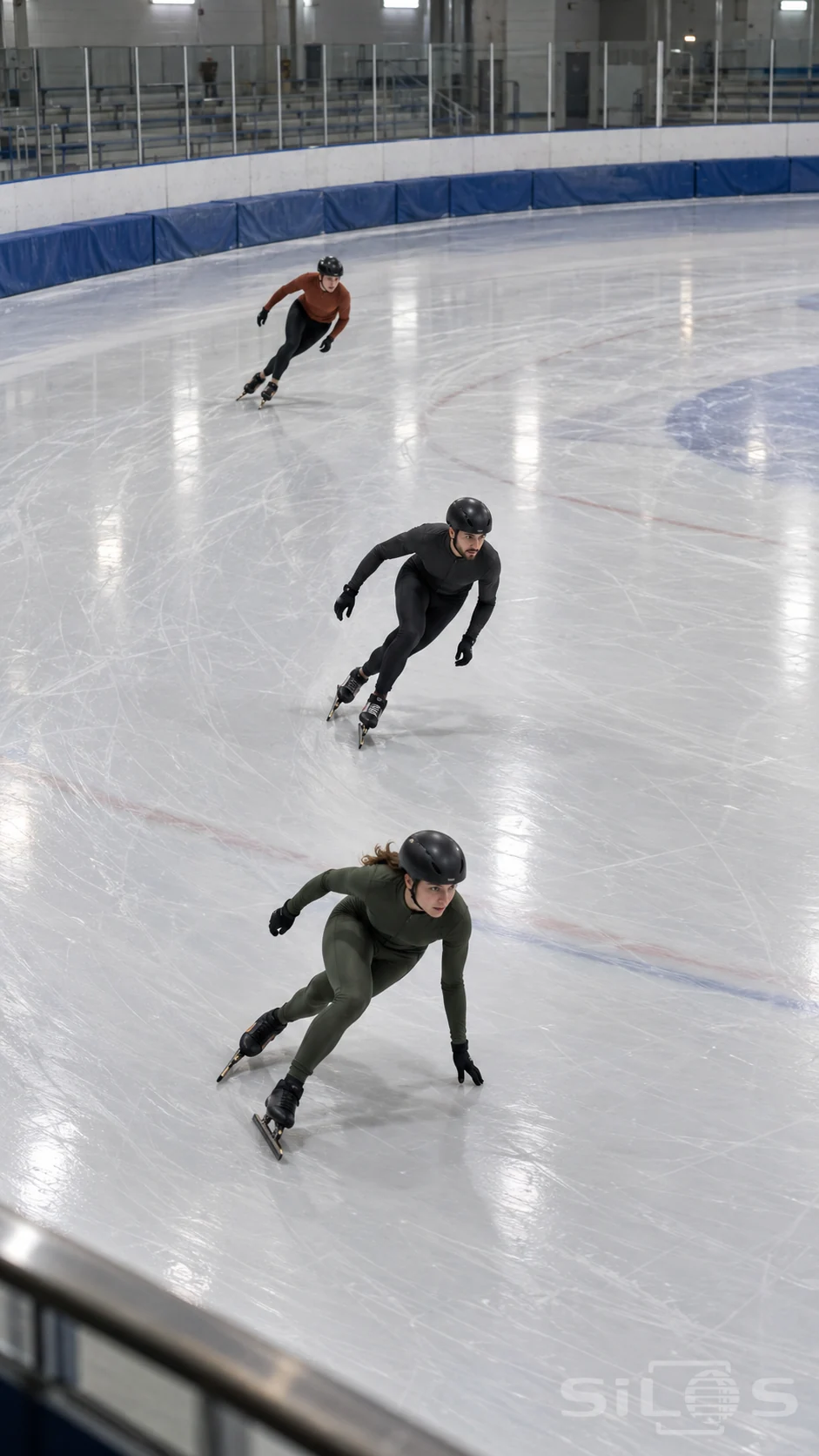 Three young adults in green, charcoal and rust clothing lean through a curve on an indoor ice rink.