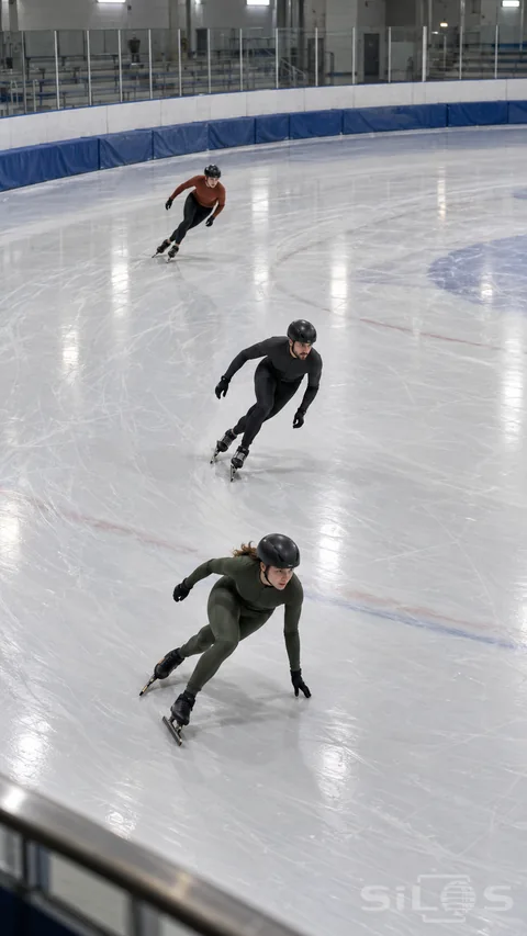 Three young adults in green; charcoal and rust clothing lean through a curve on an indoor ice rink.