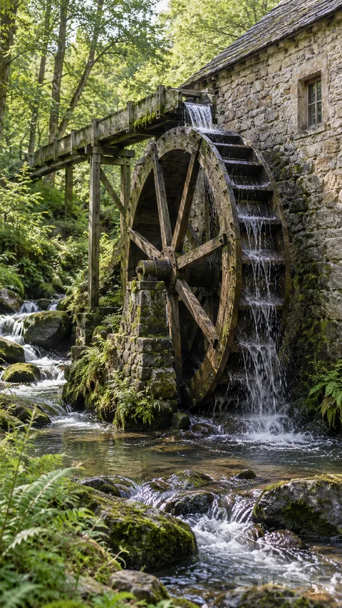A timber waterwheel turns beside a stone mill and a shaded flowing stream.