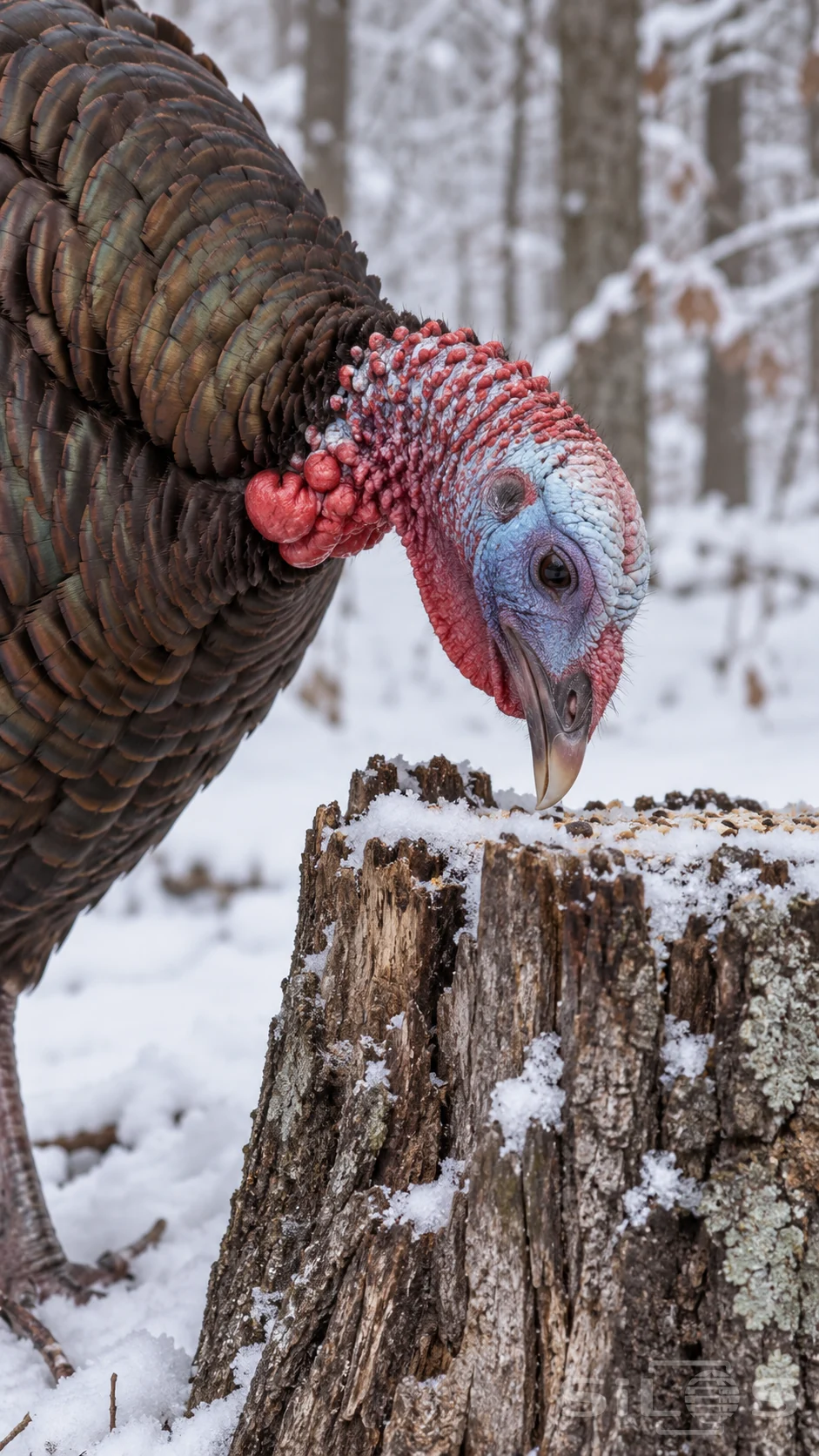 A turkey bends its textured neck toward a rough snow-dusted stump.