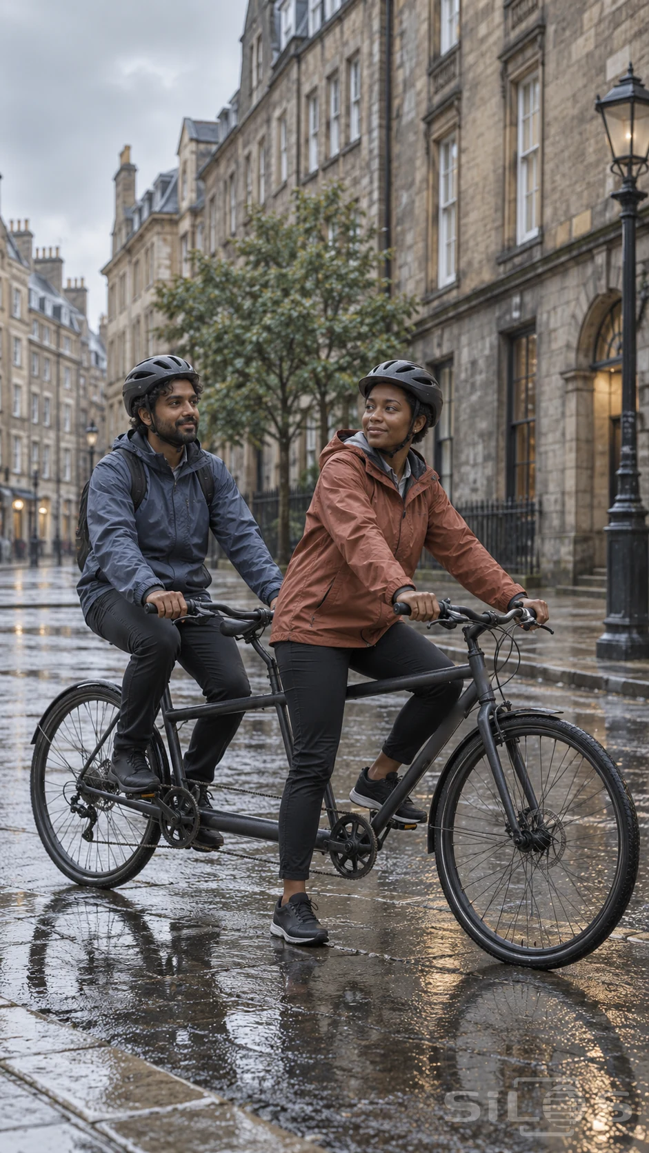 Two adults pause on a charcoal tandem bicycle at a wet city crossing beneath tall stone buildings.
