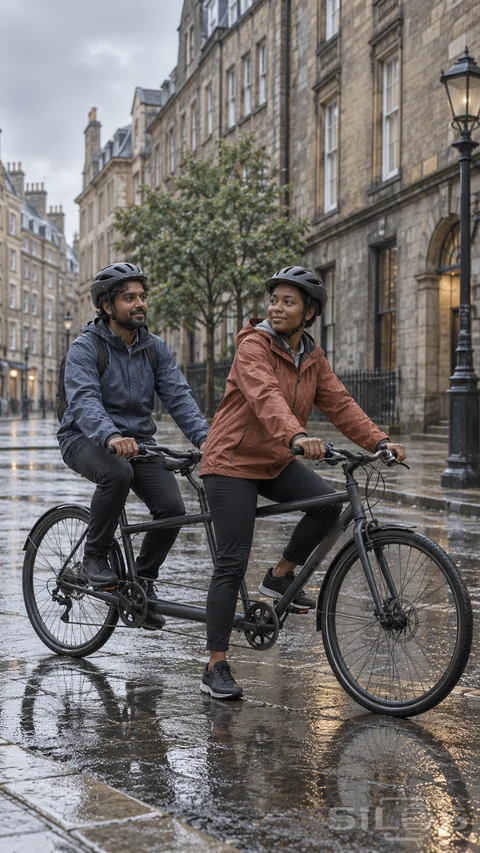 Two adults pause on a charcoal tandem bicycle at a wet city crossing beneath tall stone buildings.