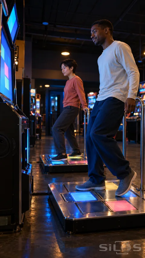 Two young adults take grounded steps on adjacent electronic dance platforms in a dim arcade.