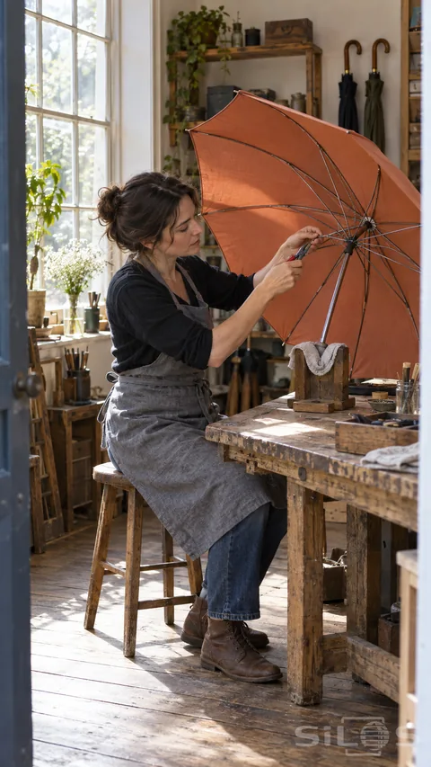 An adult woman steadies an exposed umbrella rib while holding pliers beside a supported terracotta canopy in a daylight repair workshop.