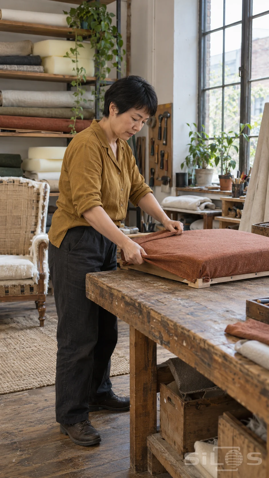 An upholsterer pulls linen taut across a supported chair seat in a bright repair workshop.