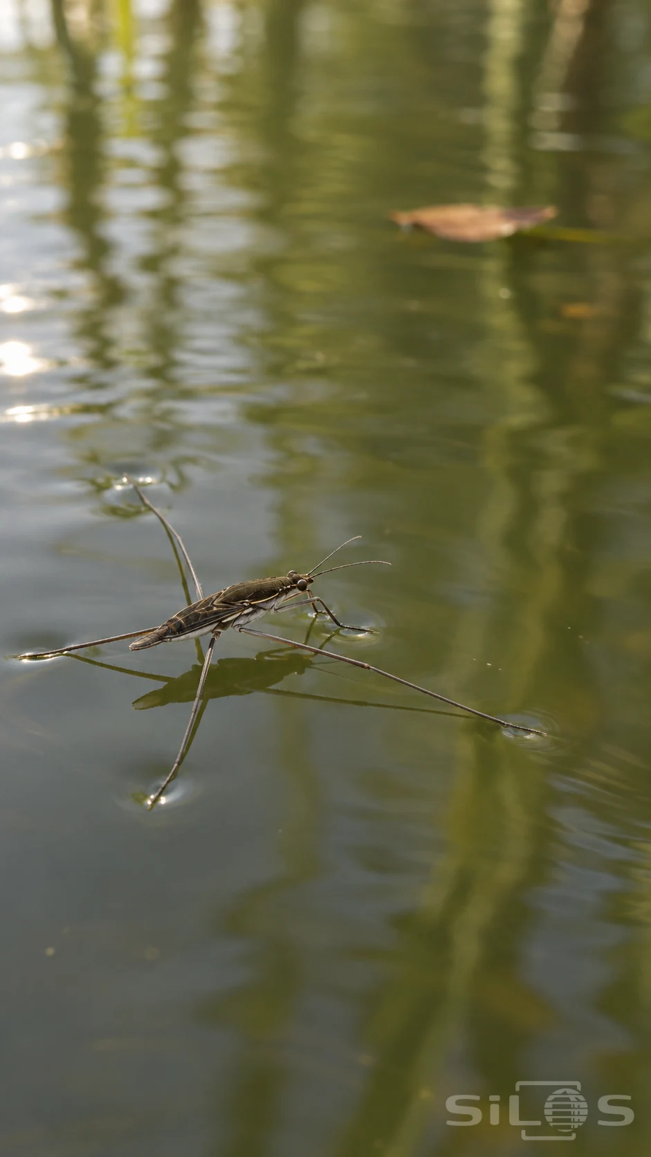One water strider rests on a still green pond with small dimples beneath its leg tips.