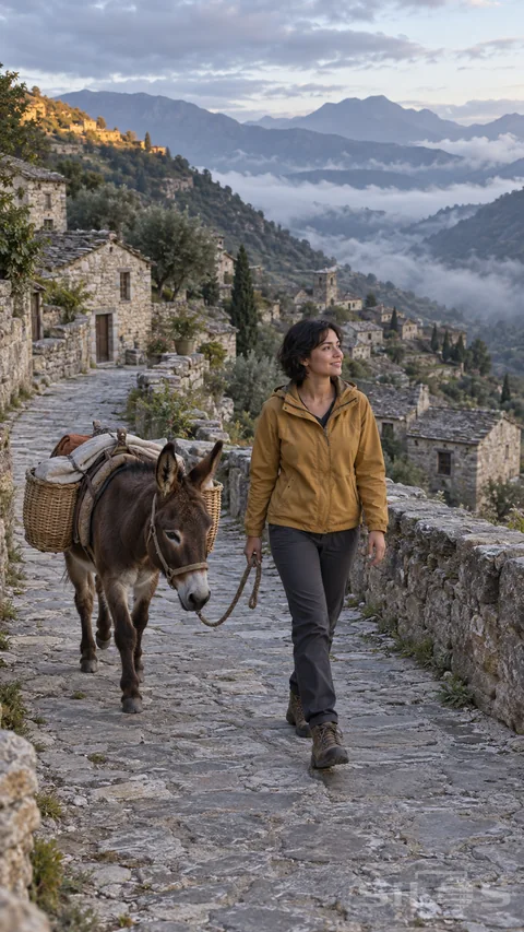 A woman in a mustard jacket walks beside a brown donkey with two woven baskets on a stone village path above misty hills.