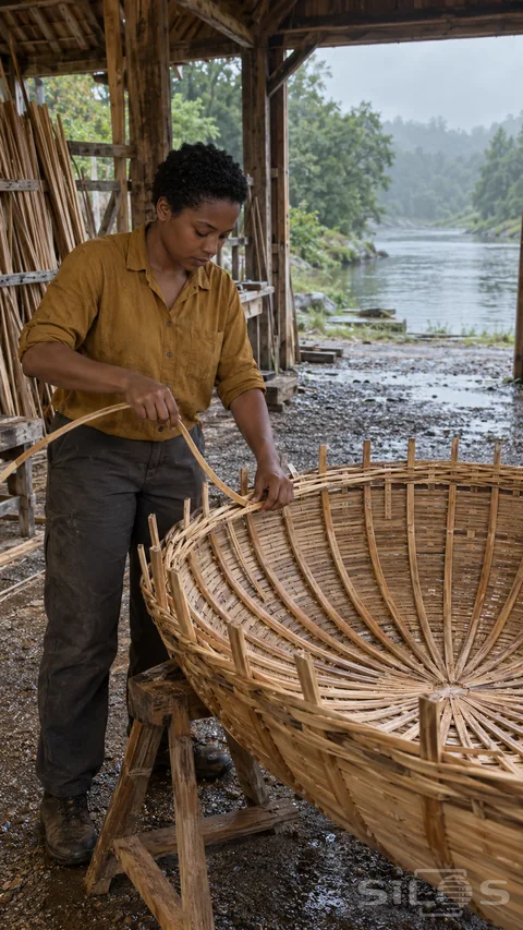 A young adult maker bends a slender strip through a supported round boat frame in an open riverside shed after rain.
