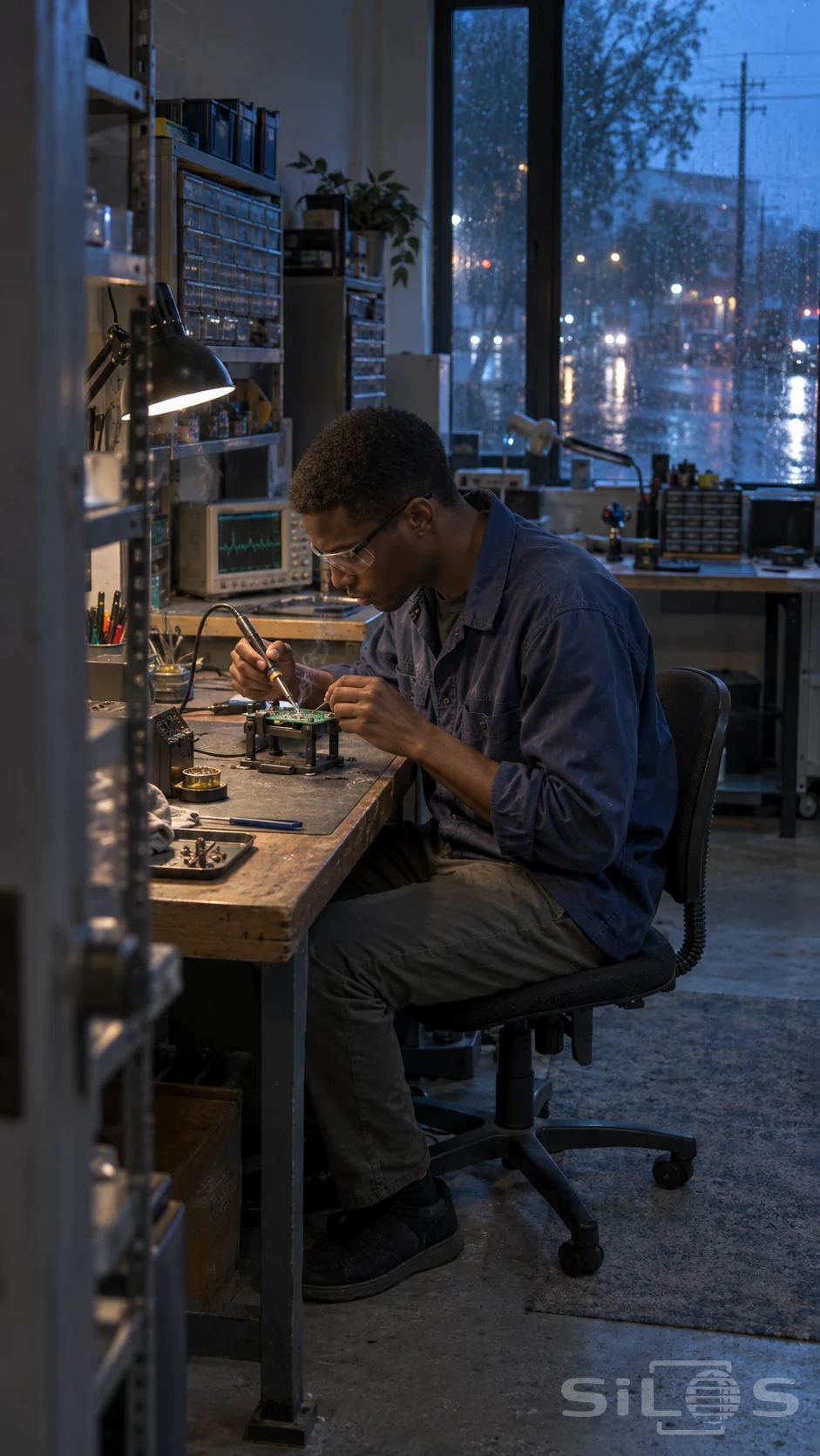 A young technician uses a soldering iron and fine wire on a supported circuit board in a cool workshop beside a rain-streaked window.