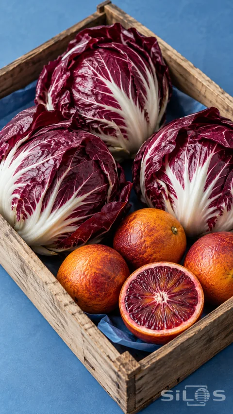 Purple radicchio and red-fleshed blood oranges fill a wooden crate lined with blue paper.