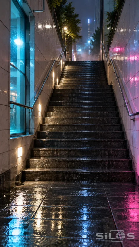 Wet city stairs between tiled walls with cyan and pink reflections at night.