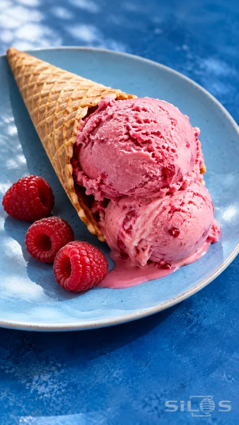 Two pink raspberry gelato scoops in a waffle cone resting on a blue ceramic plate beside three raspberries.