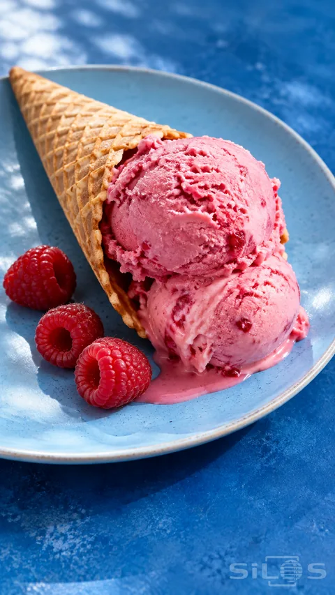 Two pink raspberry gelato scoops in a waffle cone resting on a blue ceramic plate beside three raspberries.