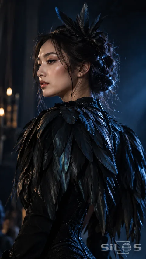 An adult woman in a black feather costume and feather headpiece turns in profile against a dark blue theater backdrop.