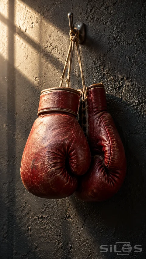 A pair of creased red leather boxing gloves hangs by laces from a hook on a sunlit charcoal wall.