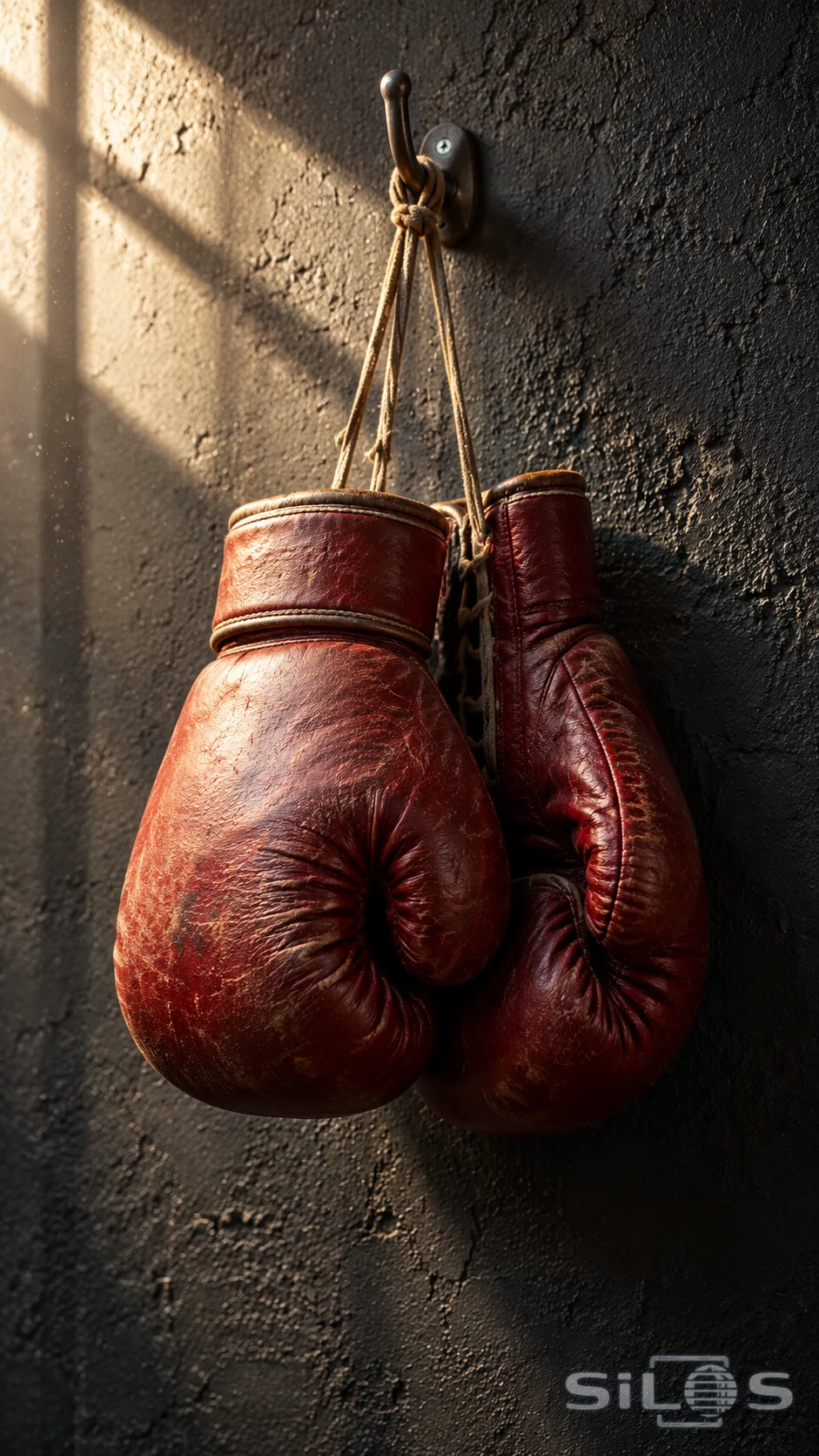 A pair of creased red leather boxing gloves hangs by laces from a hook on a sunlit charcoal wall.