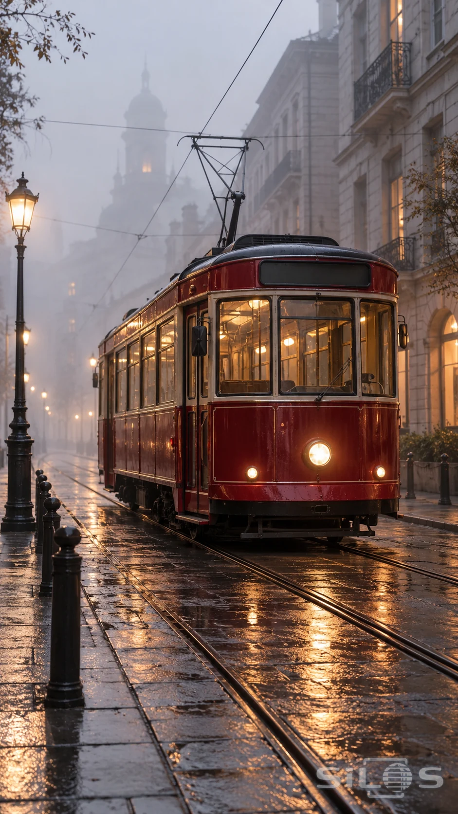 A deep red tram with warm lights stands on wet city tracks in gray fog.