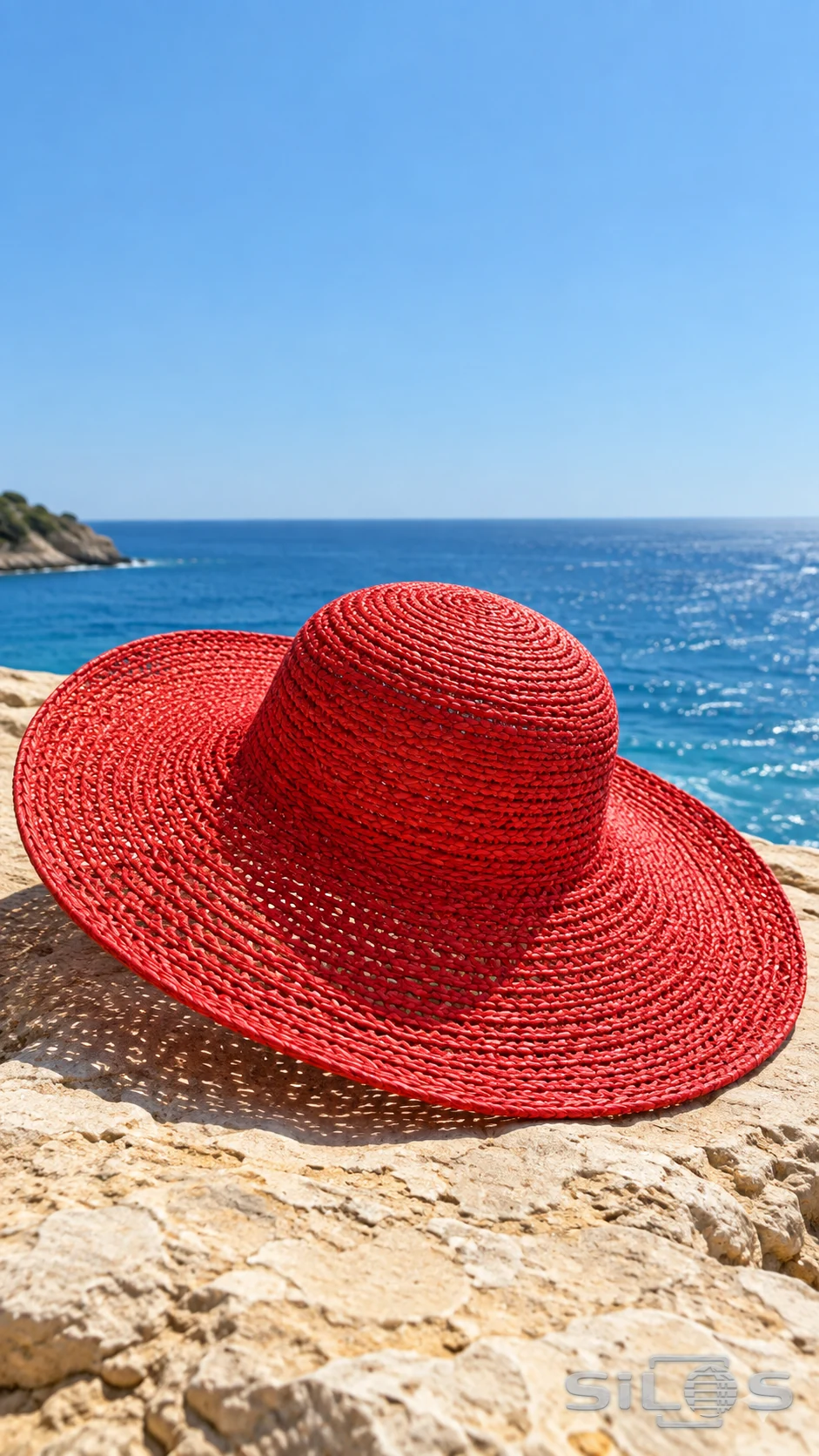 A wide-brimmed red woven hat rests on pale stone with blue sea and sky behind it.